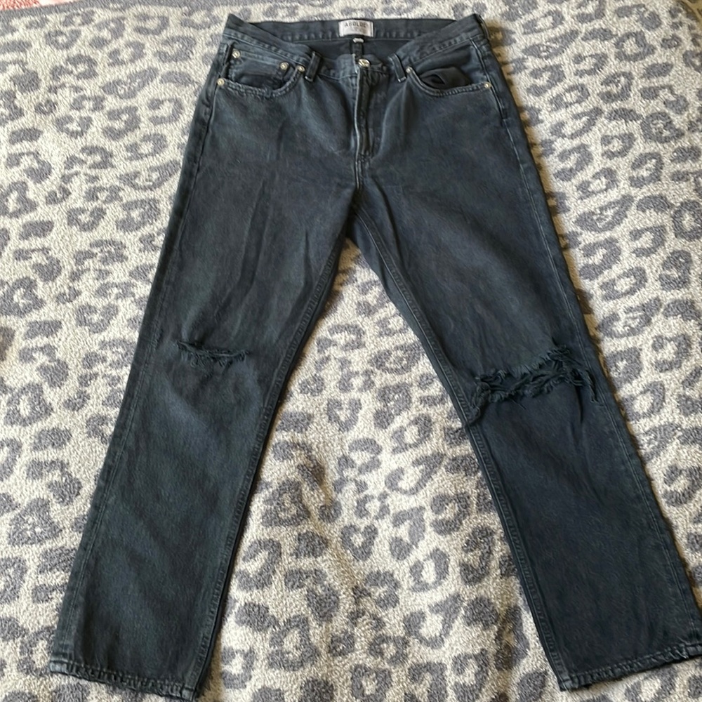 EUC Agolde black denim straight leg jeans 28 distressed